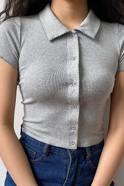 European American Minimalist Slim-Fit Polo Collar Knitted Short Sleeve T-Shirt with Lace Cardigan for Women - Chic 90s Style