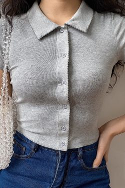 European American Minimalist Slim-Fit Polo Collar Knitted Short Sleeve T-Shirt with Lace Cardigan for Women - Chic 90s Style