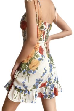 European American Retro Ruffled A-Line Camisole Dress with Shoulder Tie and Oil Painting Print - Slim Waist Short Skirt