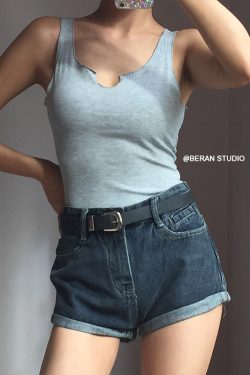 European American Sexy V-Neck Front Slit High-Waisted Short Cropped Sleeveless Tank Top - Versatile Solid Color