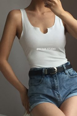 European American Sexy V-Neck Front Slit High-Waisted Short Cropped Sleeveless Tank Top - Versatile Solid Color