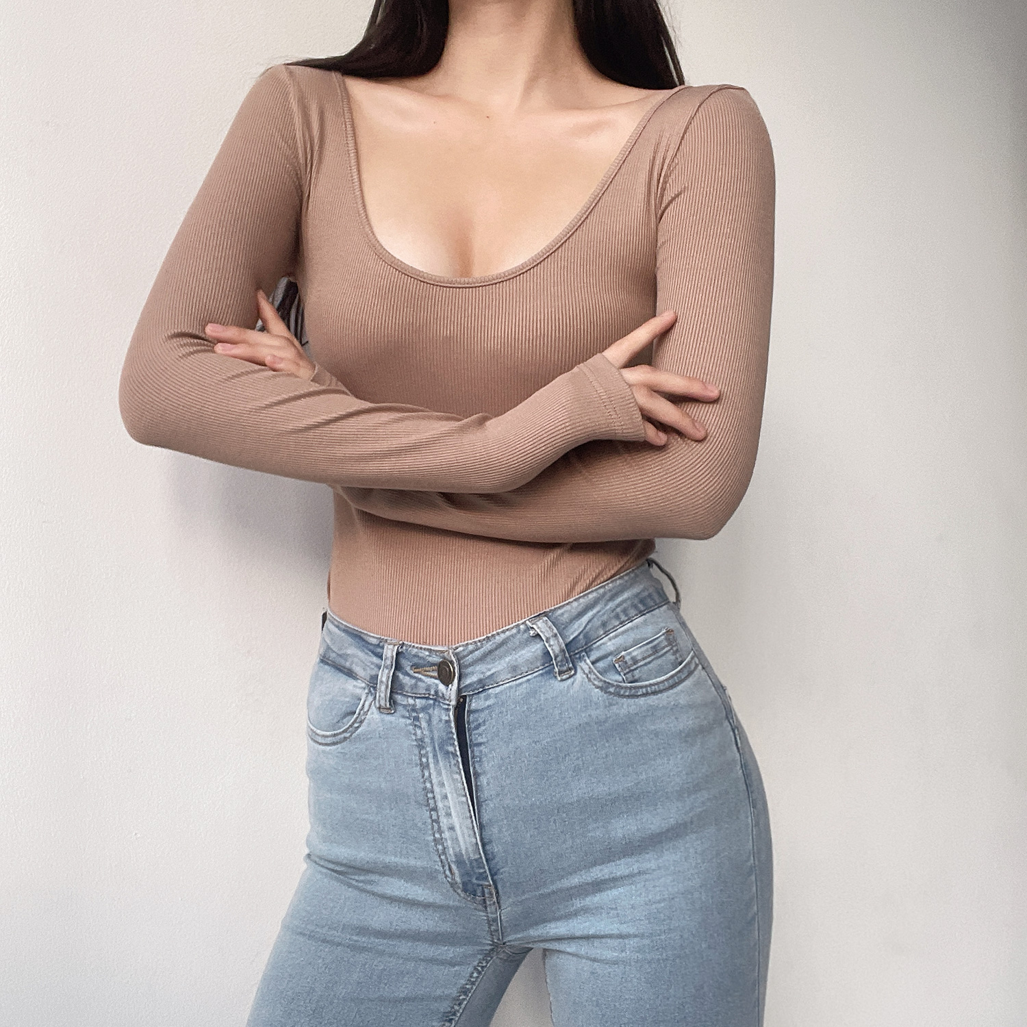 European and American Sexy Minimalist Slim Fit Long Sleeve T-Shirt with Big Round Neck - Versatile Solid Color Base Top European and American Sexy Minimalist Slim Fit Long Sleeve T-Shirt with Big Round Neck - Versatile Solid Color Base Top