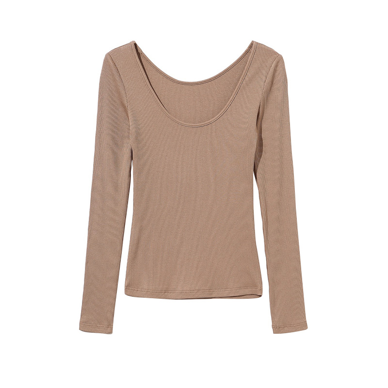 European and American Sexy Minimalist Slim Fit Long Sleeve T-Shirt with Big Round Neck - Versatile Solid Color Base Top European and American Sexy Minimalist Slim Fit Long Sleeve T-Shirt with Big Round Neck - Versatile Solid Color Base Top