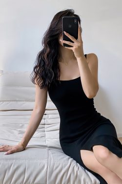 European and American Sexy Solid Color Square Neck Side Split Dress - Vacation Casual Waist-Cinching Slimming Long Skirt