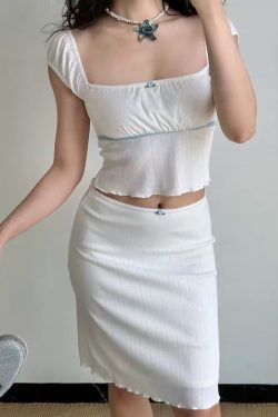 European and American Style Hollow Heart Square Neck Short Sleeve T-Shirt & Bodycon Skirt Two-Piece Set for Women - Y2K Fashion