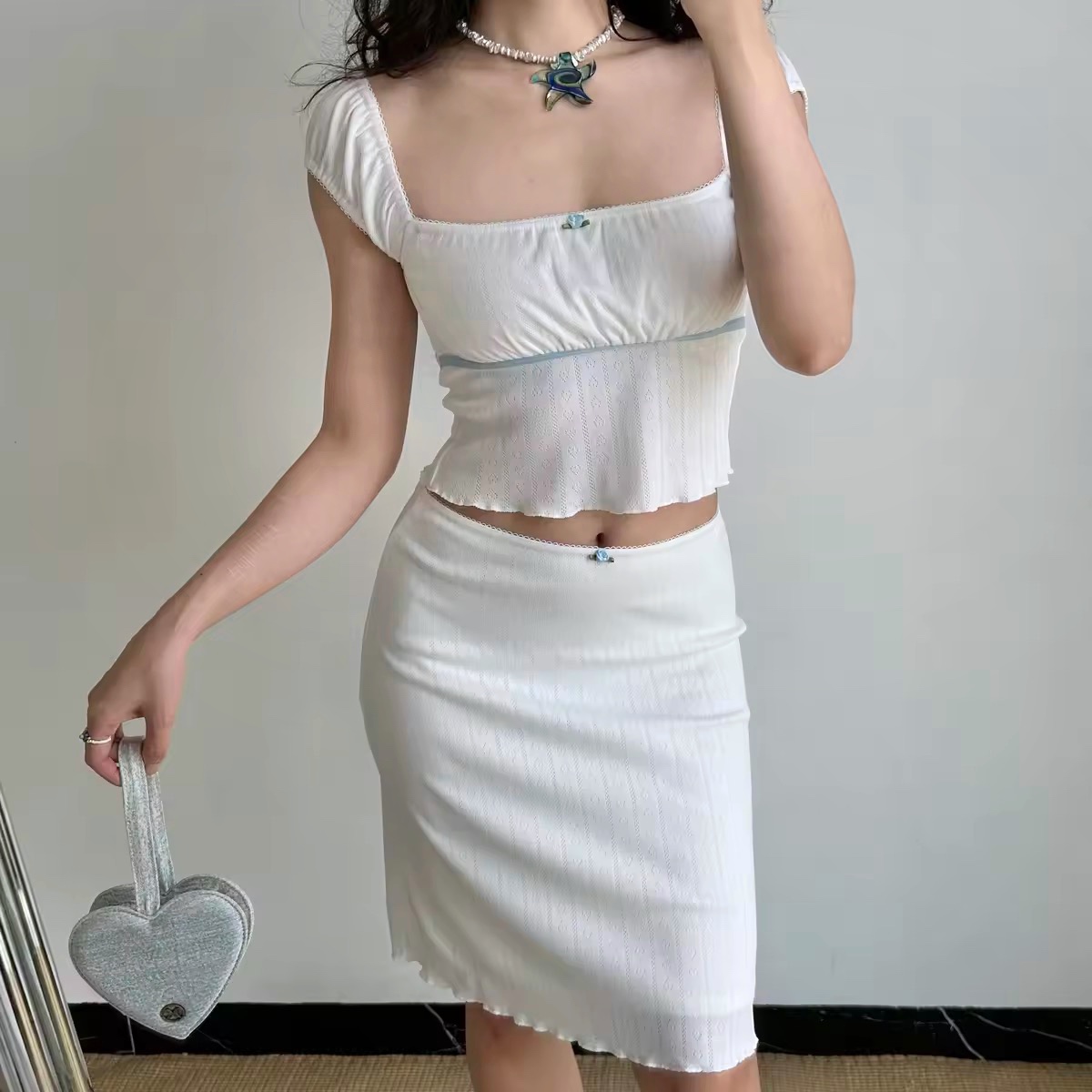 European and American Style Hollow Heart Square Neck Short Sleeve T-Shirt & Bodycon Skirt Two-Piece Set for Women - Y2K Fashion European and American Style Hollow Heart Square Neck Short Sleeve T-Shirt & Bodycon Skirt Two-Piece Set for Women - Y2K Fashion