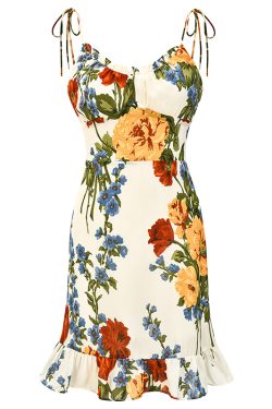 European and American Style Oil Painting Print Vintage Cami Dress with Tie Straps and Ruffle A-Line Skirt, Perfect for Y2K Fashion