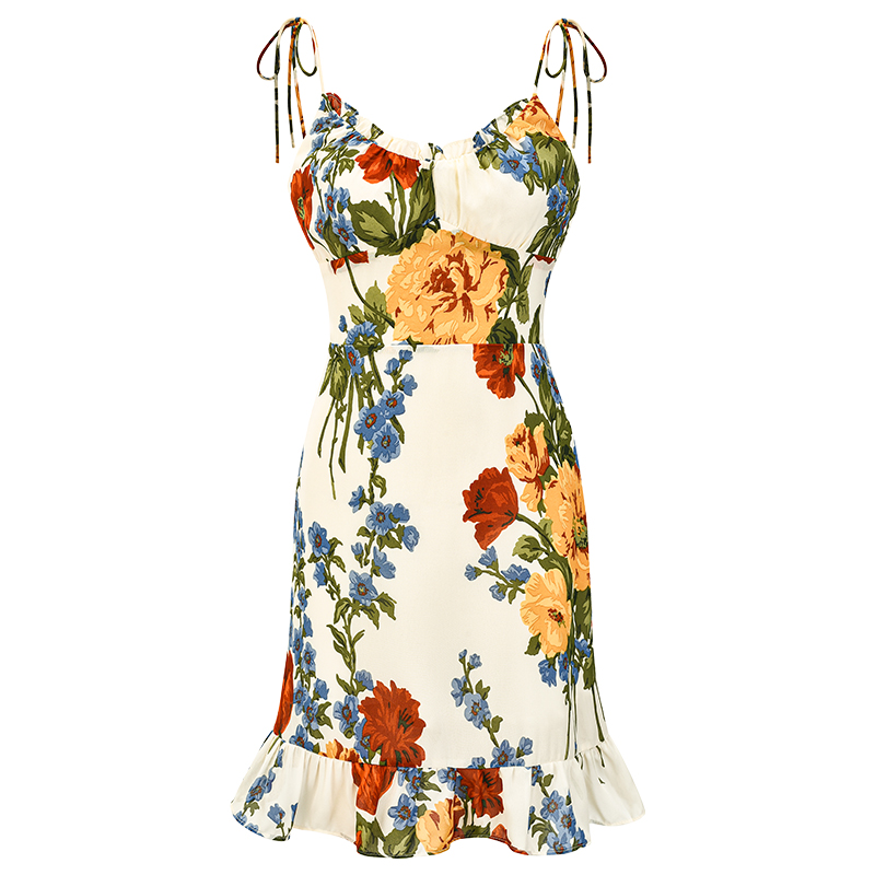 European and American Style Oil Painting Print Vintage Cami Dress with Tie Straps and Ruffle Short Skirt, A-Line Silhouette European and American Style Oil Painting Print Vintage Cami Dress with Tie Straps and Ruffle Short Skirt, A-Line Silhouette