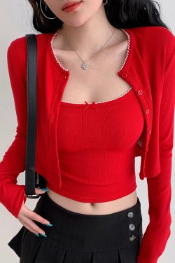 European College Style Round Neck Long Sleeve Knitted Cardigan & Camisole Set - Casual Slim Fit Two-Piece Top for Y2K Fashion