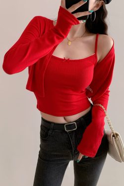 European College Style Round Neck Long Sleeve Knitted Cardigan & Camisole Set - Casual Slim Fit Two-Piece Top for Y2K Fashion