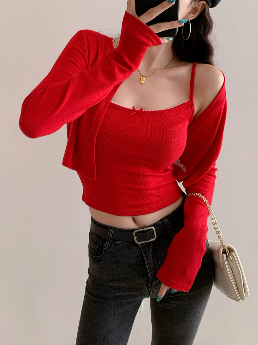 European College Style Round Neck Long Sleeve Knitted Cardigan & Camisole Set - Casual Slim Fit Two-Piece Top for Y2K Fashion European College Style Round Neck Long Sleeve Knitted Cardigan & Camisole Set - Casual Slim Fit Two-Piece Top for Y2K Fashion