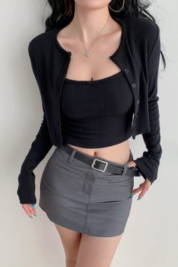 European College Style Round Neck Long Sleeve Knitted Cardigan & Camisole Set - Casual Slim Fit Two-Piece Top for Y2K Fashion