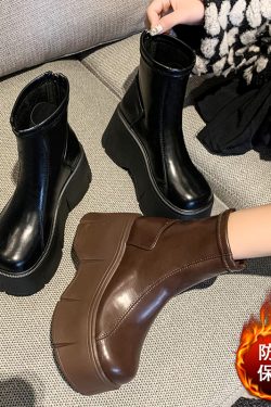 European Martin Boots for Women - Plush Thick-Soled Winter Model, Height-Increasing Brown Casual Short Boots