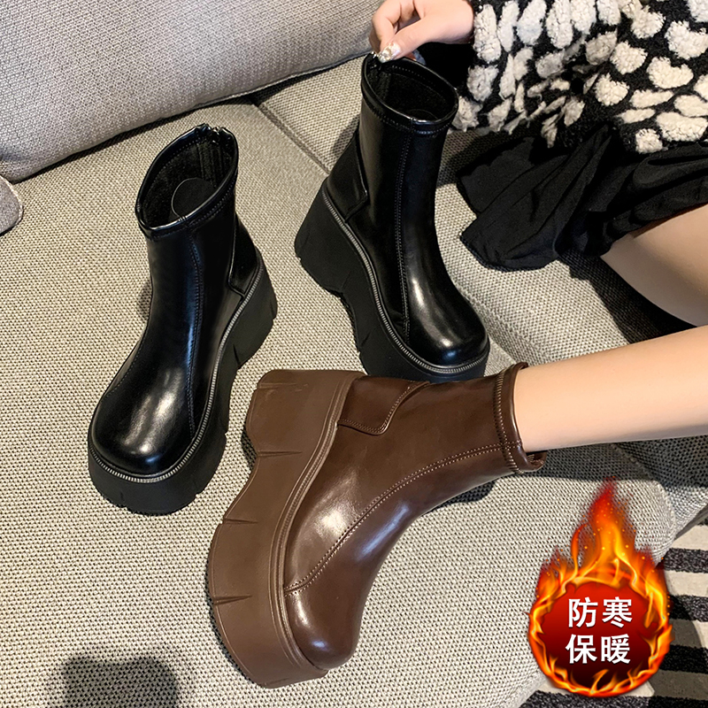 European Martin Boots for Women - Plush Thick-Soled Winter Model, Height-Increasing Brown Casual Short Boots European Martin Boots for Women - Plush Thick-Soled Winter Model, Height-Increasing Brown Casual Short Boots