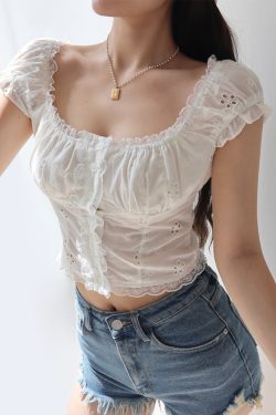 Exquisite Embroidered Lace Trim Puff Sleeve Top - French Retro Court Style Vacation Top for Women