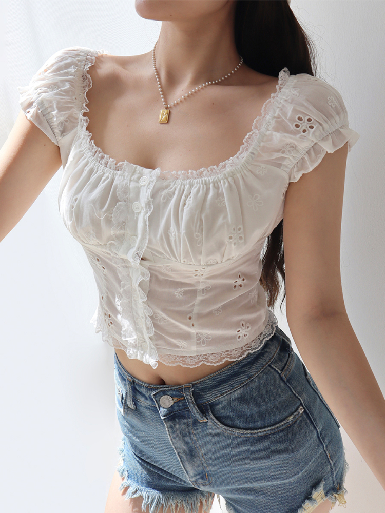 Exquisite Embroidered Lace Trim Puff Sleeve Top - French Retro Court Style Vacation Top for Women Exquisite Embroidered Lace Trim Puff Sleeve Top - French Retro Court Style Vacation Top for Women