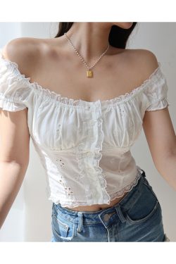 Exquisite Embroidered Lace Trim Puff Sleeve Top - French Retro Court Style Vacation Top for Women