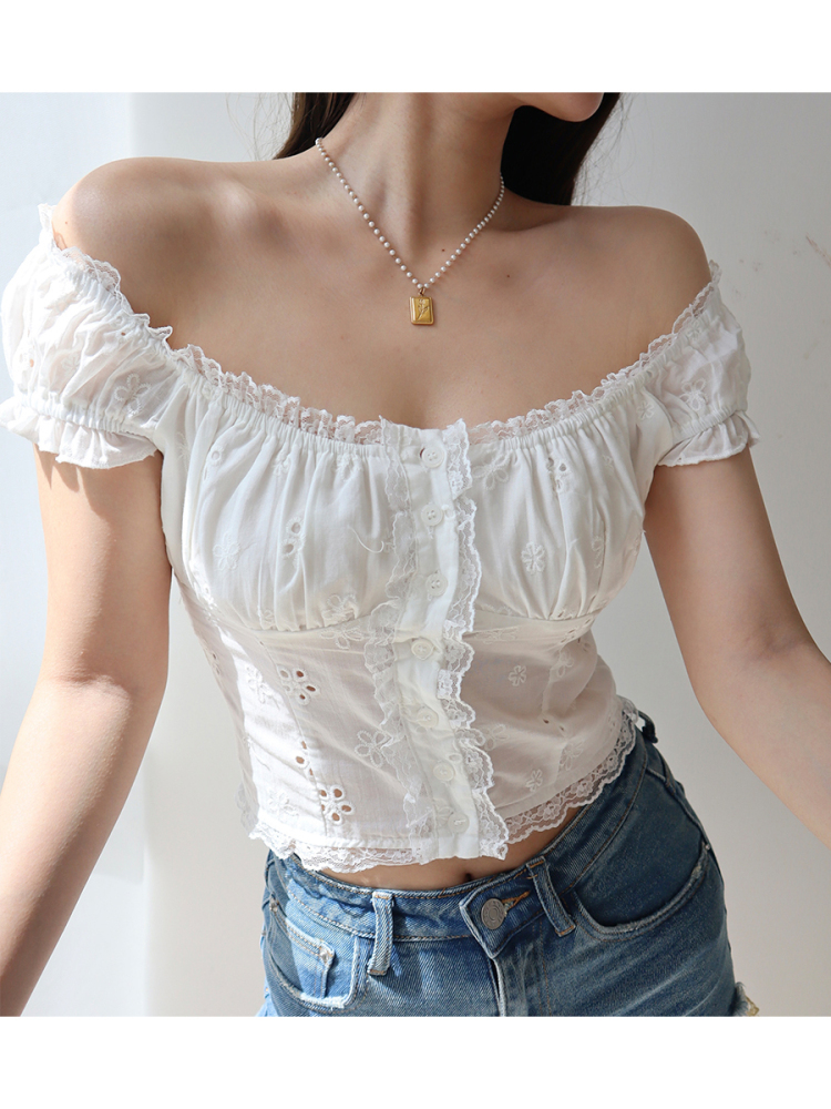 Exquisite Embroidered Lace Trim Puff Sleeve Top - French Retro Court Style Vacation Top for Women Exquisite Embroidered Lace Trim Puff Sleeve Top - French Retro Court Style Vacation Top for Women