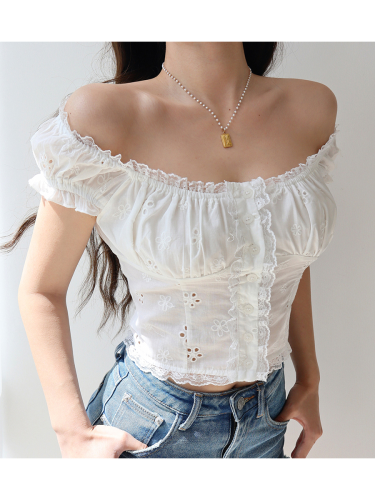 Exquisite Embroidered Lace Trim Puff Sleeve Top - French Retro Court Style Vacation Top for Women Exquisite Embroidered Lace Trim Puff Sleeve Top - French Retro Court Style Vacation Top for Women