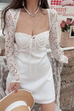 Exquisite Heavy-Duty Fairy French Lace Square Neck Tie Dress - 2024 Spring/Summer Vacation Style, Perfect for Y2K and Romantic Looks