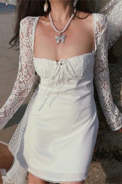 Exquisite Heavy-Duty Fairy French Lace Square Neck Tie Dress - 2024 Spring/Summer Vacation Style, Perfect for Y2K and Romantic Looks