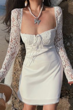 Exquisite Heavy-Duty Fairy French Lace Square Neck Tie Dress - 2024 Spring/Summer Vacation Style, Perfect for Y2K and Romantic Looks