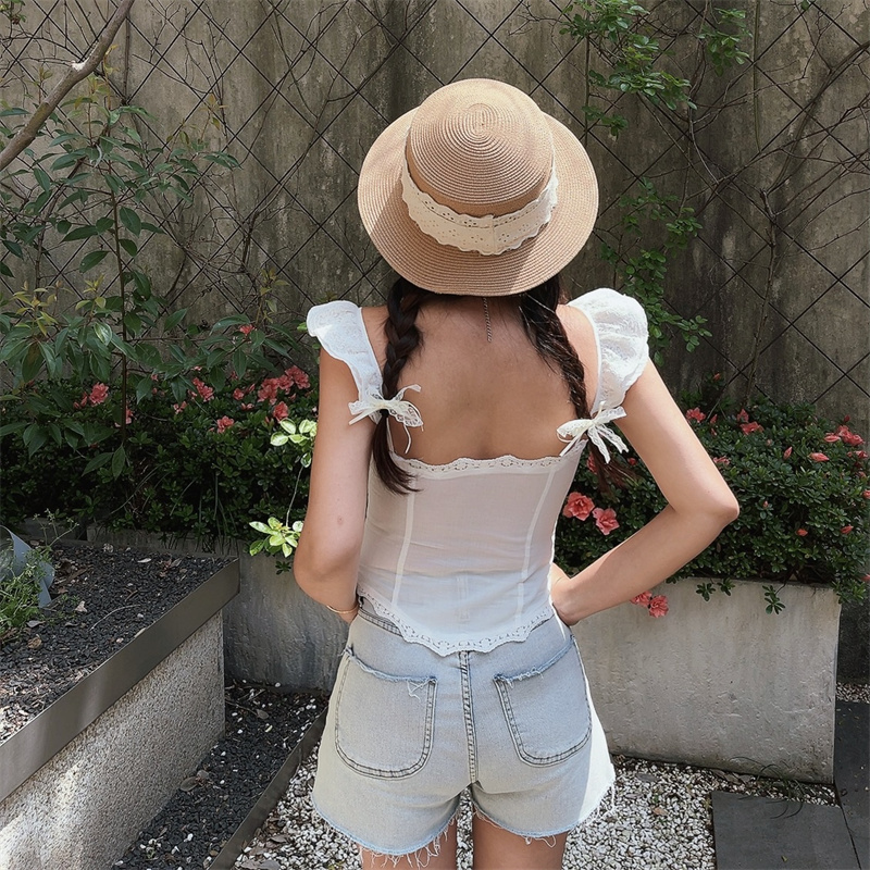 Exquisite Lace Flutter Sleeve Little White Shirt with Palace Button - Perfect Vacation Top for Chic 90s and Y2K Style Exquisite Lace Flutter Sleeve Little White Shirt with Palace Button - Perfect Vacation Top for Chic 90s and Y2K Style