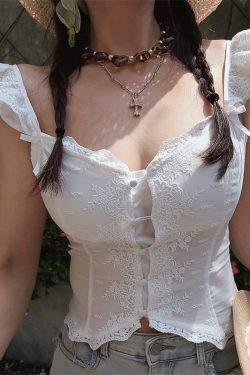 Exquisite Lace Flutter Sleeve Little White Shirt with Palace Button - Perfect Vacation Top for Chic 90s and Y2K Style