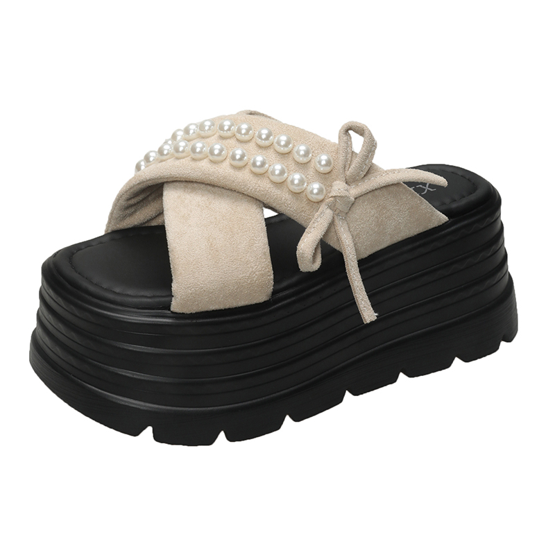 Fairy Style High-End Pearl Thick-Soled Slippers for Women - Summer Outdoor Wear, 9cm Height Increase, Chic One-Word Cool Sandals Fairy Style High-End Pearl Thick-Soled Slippers for Women - Summer Outdoor Wear, 9cm Height Increase, Chic One-Word Cool Sandals