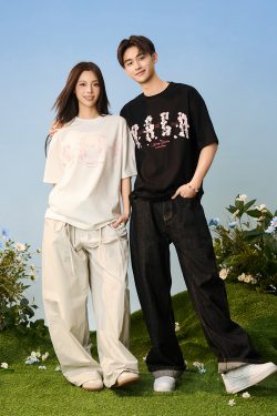 Falling Cherry Blossom Loose Round Neck Short Sleeve T-Shirt for Men and Women | National Trend, Korean Style, Unisex Fashion