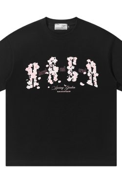 Falling Cherry Blossom Loose Round Neck Short Sleeve T-Shirt for Men and Women | National Trend, Korean Style, Unisex Fashion