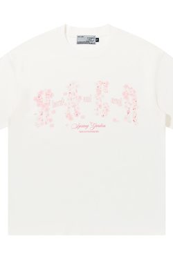 Falling Cherry Blossom Loose Round Neck Short Sleeve T-Shirt for Men and Women | National Trend, Korean Style, Unisex Fashion