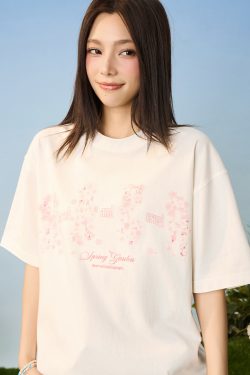 Falling Cherry Blossom Loose Round Neck Short Sleeve T-Shirt for Men and Women | National Trend, Korean Style, Unisex Fashion