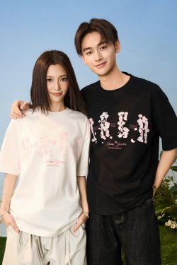 Falling Cherry Blossom Loose Round Neck Short Sleeve T-Shirt for Men and Women | National Trend, Korean Style, Unisex Fashion