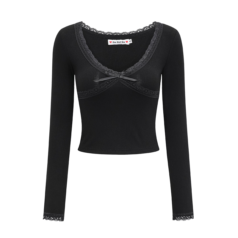 Fitted Black Lace Trim V-Neck Long Sleeve T-Shirt for Women - European & American Style, Slimming Short Top, Perfect for 90s & Y2K Fashion Fitted Black Lace Trim V-Neck Long Sleeve T-Shirt for Women - European & American Style, Slimming Short Top, Perfect for 90s & Y2K Fashion