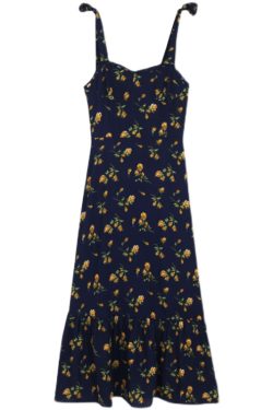 Fitted Floral A-Line Dress with Ruffled Shoulder Ties, Waist Cinching, and Spaghetti Straps - French Style, Knee-Length Fashion