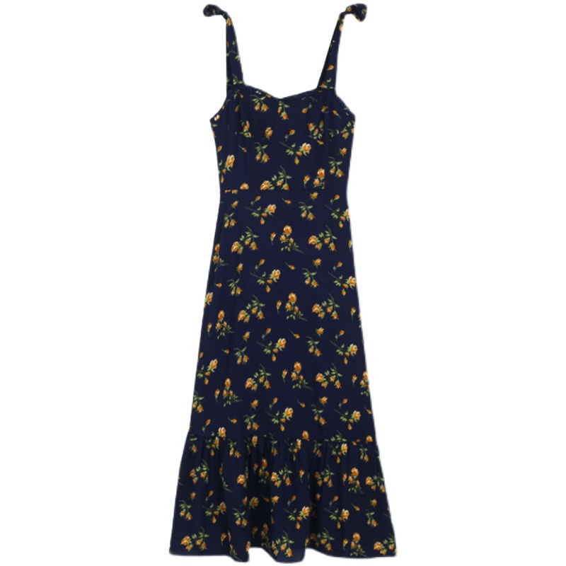 Fitted Floral A-Line Dress with Ruffled Shoulder Ties, Waist Cinching, and Spaghetti Straps - French Style, Knee-Length Fashion Fitted Floral A-Line Dress with Ruffled Shoulder Ties, Waist Cinching, and Spaghetti Straps - French Style, Knee-Length Fashion