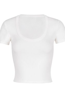 Fitted White T-Shirt for Women, Elastic Black Short Sleeves, Big Chest Accent, Stylish Casual Top, Y2K Fashion