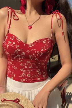 Floral Bow Tie Crop Cami Top for Women - Handmade Vintage Style, French Design, Spring/Summer 2025 Vacation Essential