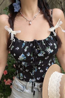 Floral Camisole Top - Handmade Vintage Square Neck Drawstring Strap - Spring/Summer Vacation Style - 90s French Chic