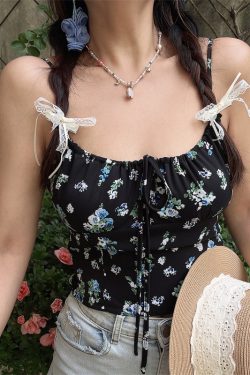 Floral Camisole Top - Handmade Vintage Square Neck Drawstring Strap - Spring/Summer Vacation Style - 90s French Chic