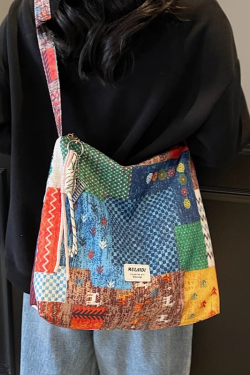 Floral Canvas Crossbody Bag for Women - Large Capacity Ethnic Style Shoulder Tote for Summer 2025, Perfect for Students and Commuting