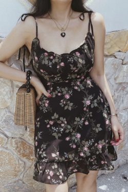 Floral Chiffon Camisole Mini Dress - Vintage French Style Slimming Summer Dress for Vacation, Y2K Aesthetic