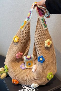 Floral Cotton Woven Tote Bag for Women - Large Capacity Shoulder Bag, Summer 2025 Lazy Style Vacation Accessory