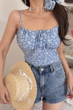 Floral Drawstring Waist Cami Top for Women - Fresh Blue, French Square Neck, Slimming Design for Spring Summer Vacation