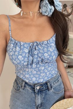 Floral Drawstring Waist Cami Top for Women - Fresh Blue, French Square Neck, Slimming Design for Spring Summer Vacation