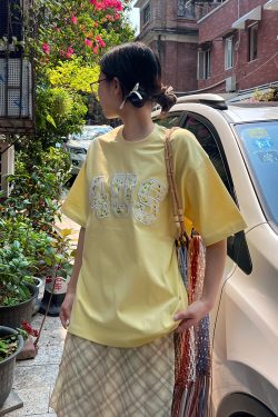 Floral Embroidered Patchwork Loose T-Shirt for Couples - Spring Summer National Trend Short Sleeve Tee