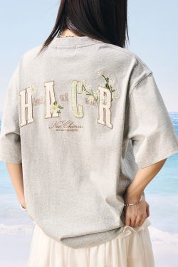 Floral Embroidery Patch Couple Loose Short Sleeve T-Shirt - 2025 Summer Style, Y2K Inspired Fashion for Trendy Looks