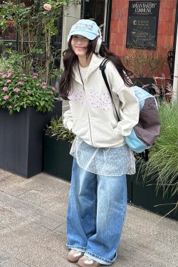 Floral Embroidery Zipper Hoodie Jacket for Couples - Loose Fit Autumn and Winter National Trend Outerwear