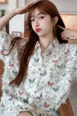 Floral Hawaiian Beach Shirt for Women, Printed Short-Sleeve Top with 3D Tassels, Loose Fit Trendy Summer Style